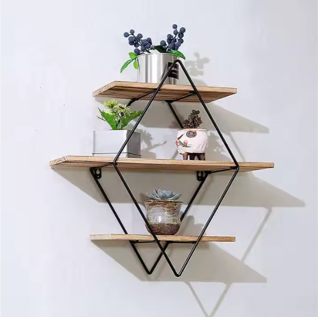 Diamond Shaped Wall-Mounted Shelf with Iron Frame and Wood Panels