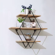 Diamond Shaped Wall-Mounted Shelf with Iron Frame and Wood Panels