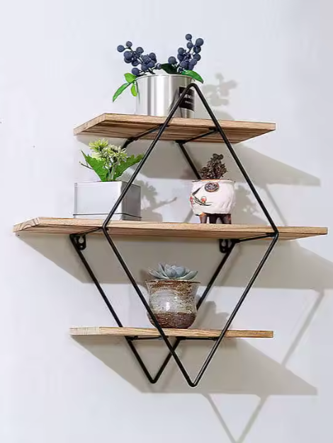 Diamond Shaped Wall-Mounted Shelf with Iron Frame and Wood Panels