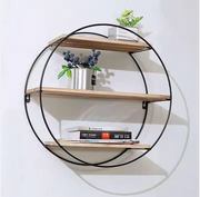 Round Wall-Mounted Shelf with Iron Frame and Wood Panels