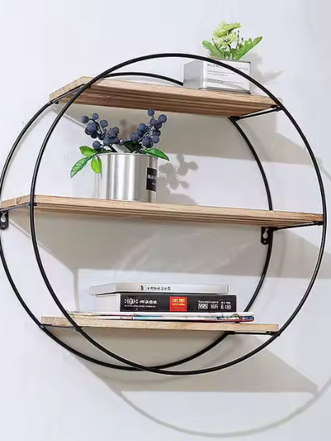 Round Wall-Mounted Shelf with Iron Frame and Wood Panels